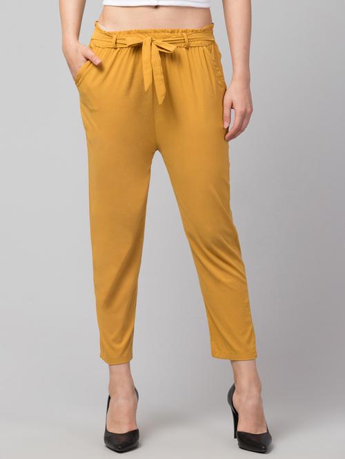 yellow lycra pleated trouser with belt - 19482539 -  Standard Image - 0