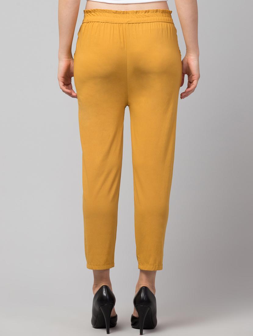 yellow lycra pleated trouser with belt - 19482539 - Standard Image - 3