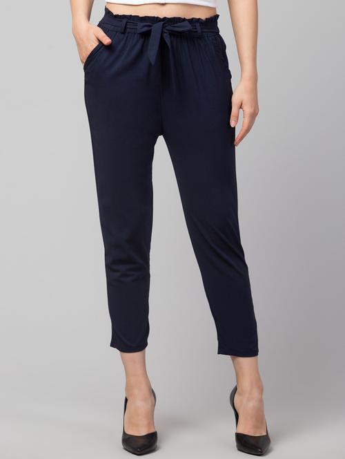 navy blue lycra pleated trouser with belt - 19482541 -  Standard Image - 0