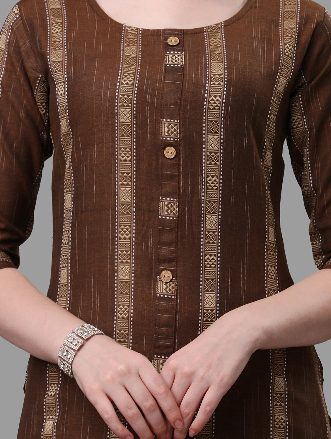 brown self design kurta dupatta set - 19482584 - Standard Image - 3