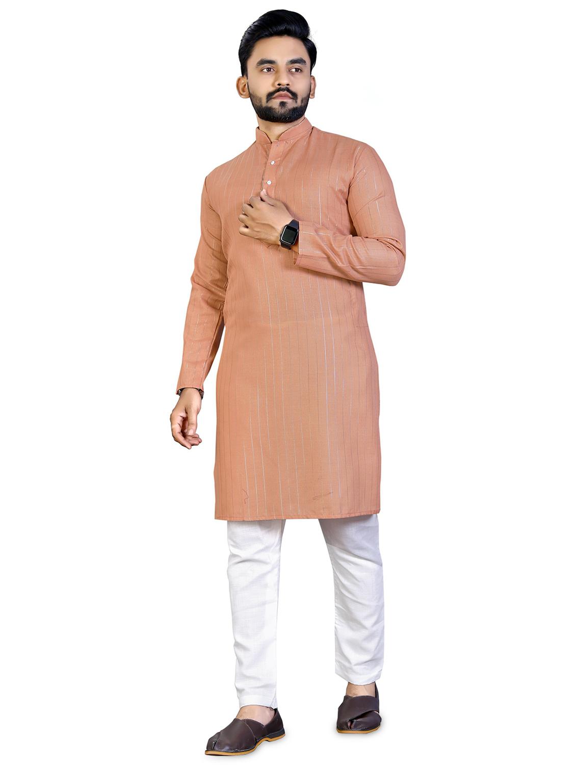 peach striped silk blend kurta with trousers set - 19482599 - Zoom Image - 0