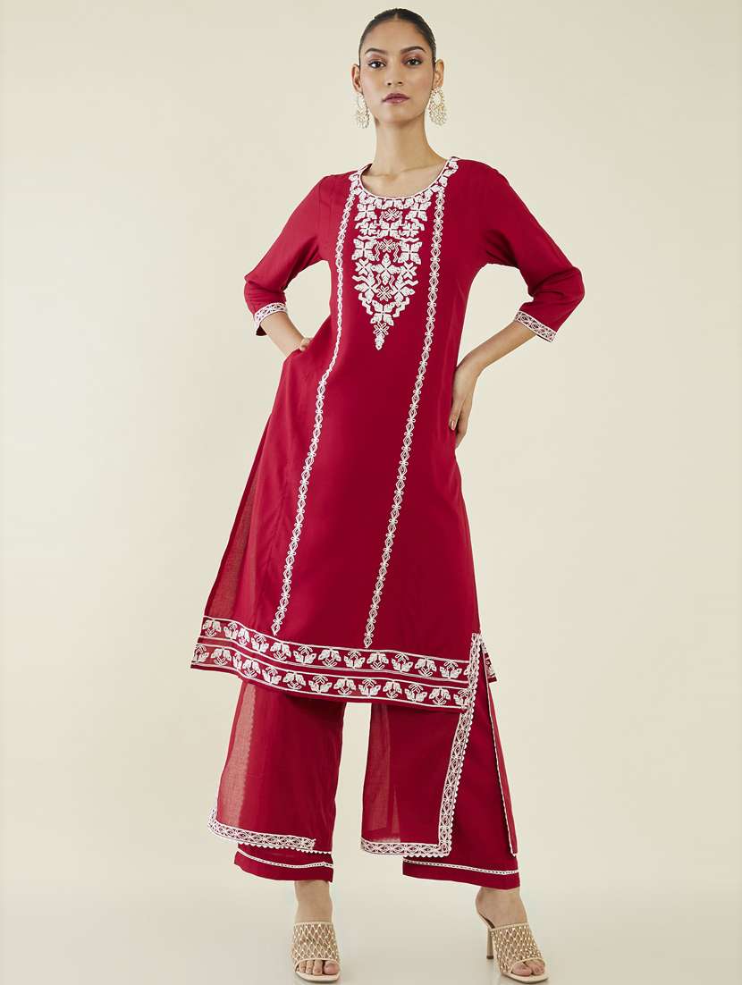 Buy online Red Self Design Suit Set from ethnic wear for Women by Soch