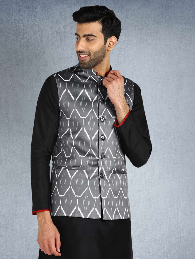 grey printed nehru jacket