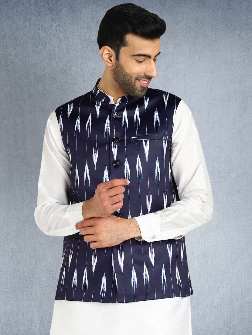 navy blue printed nehru jacket