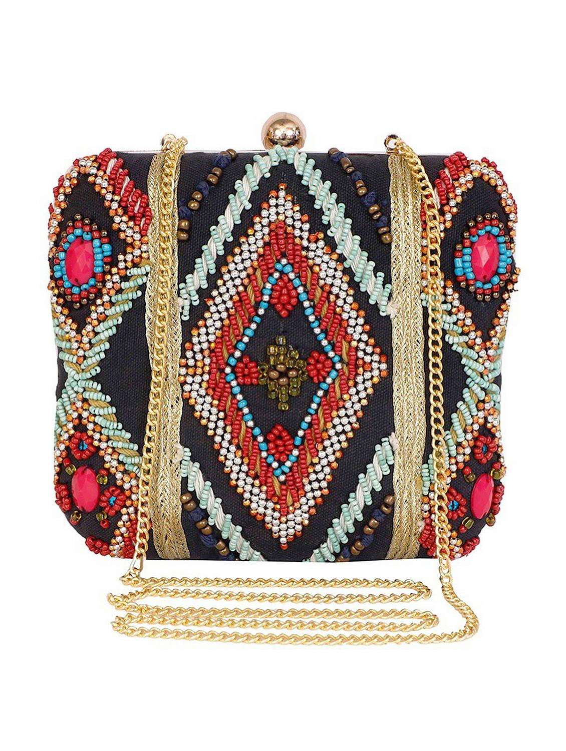 embellished box clutch with detachable strap