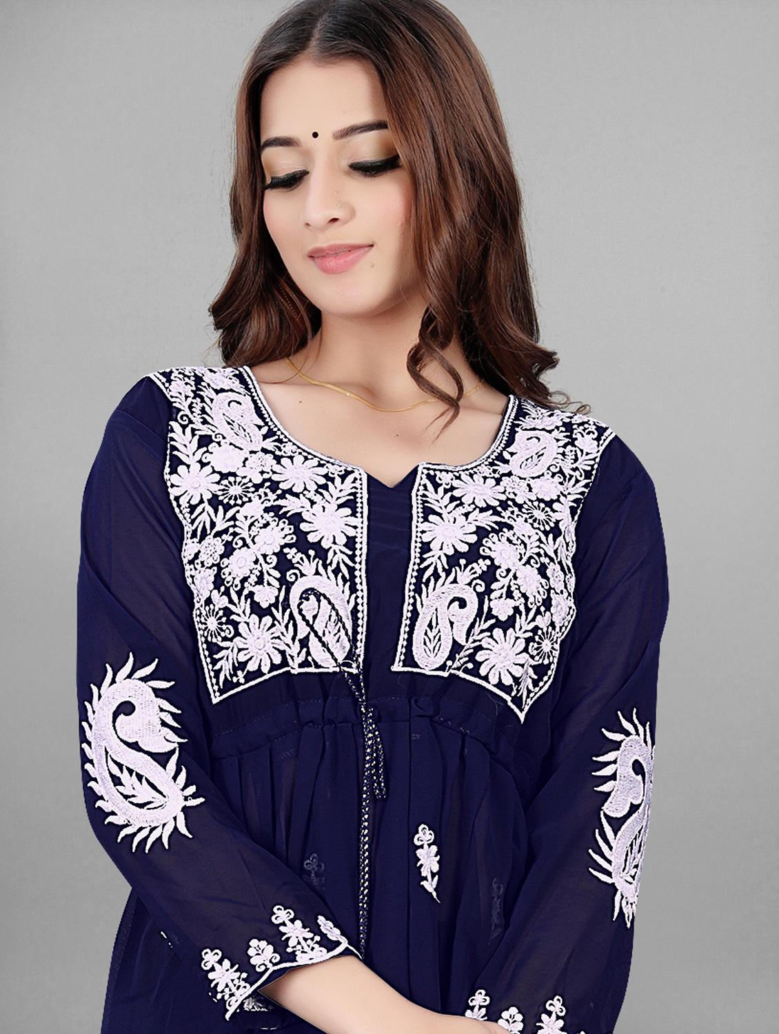 round neck chikankari a-line kurti - 19490516 - Standard Image - 3