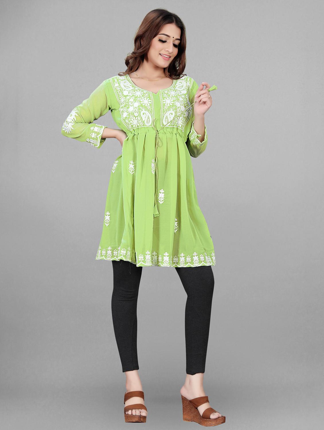 round neck chikankari a-line kurti - 19490517 - Zoom Image - 0