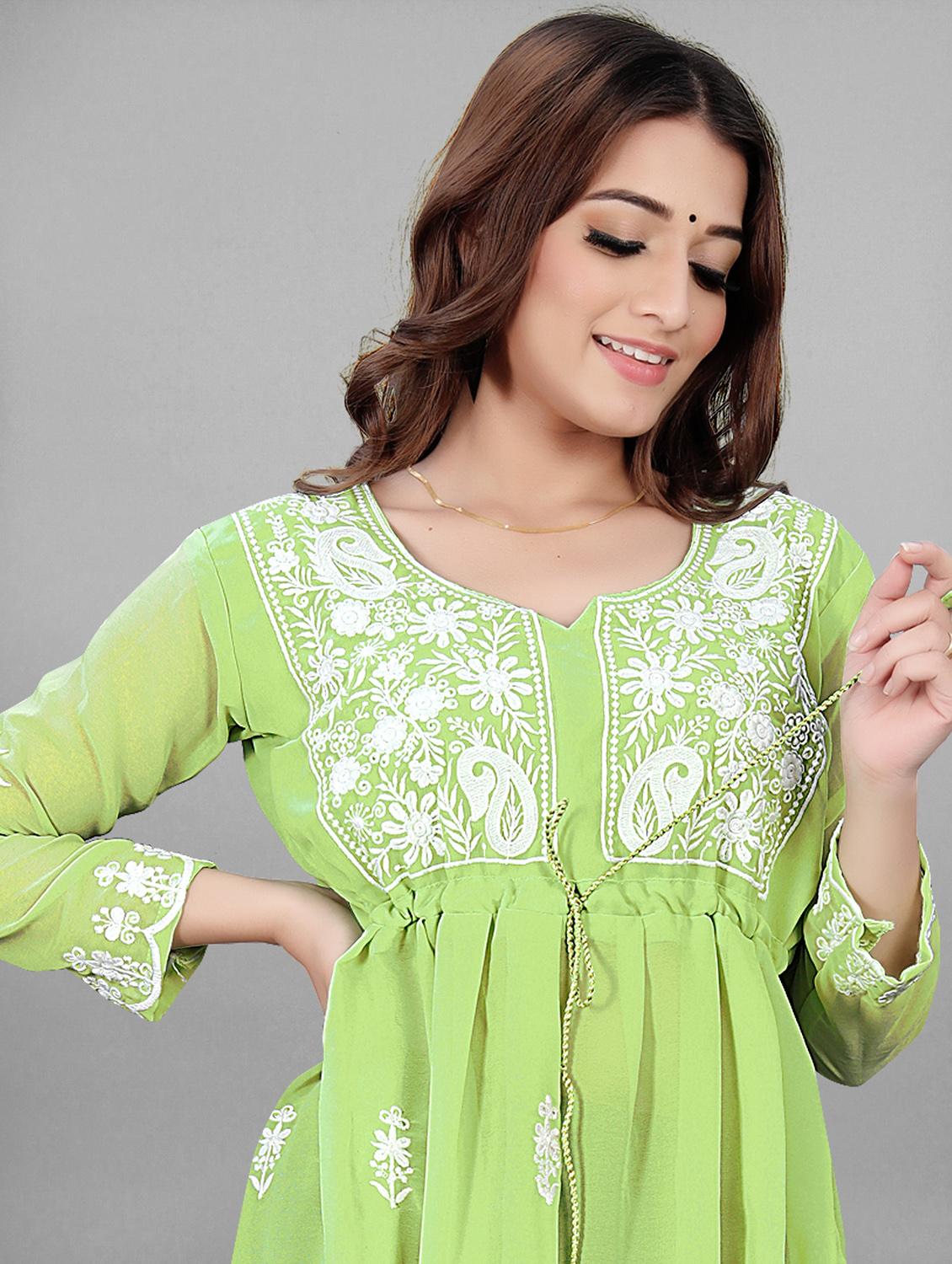 round neck chikankari a-line kurti - 19490517 - Standard Image - 3