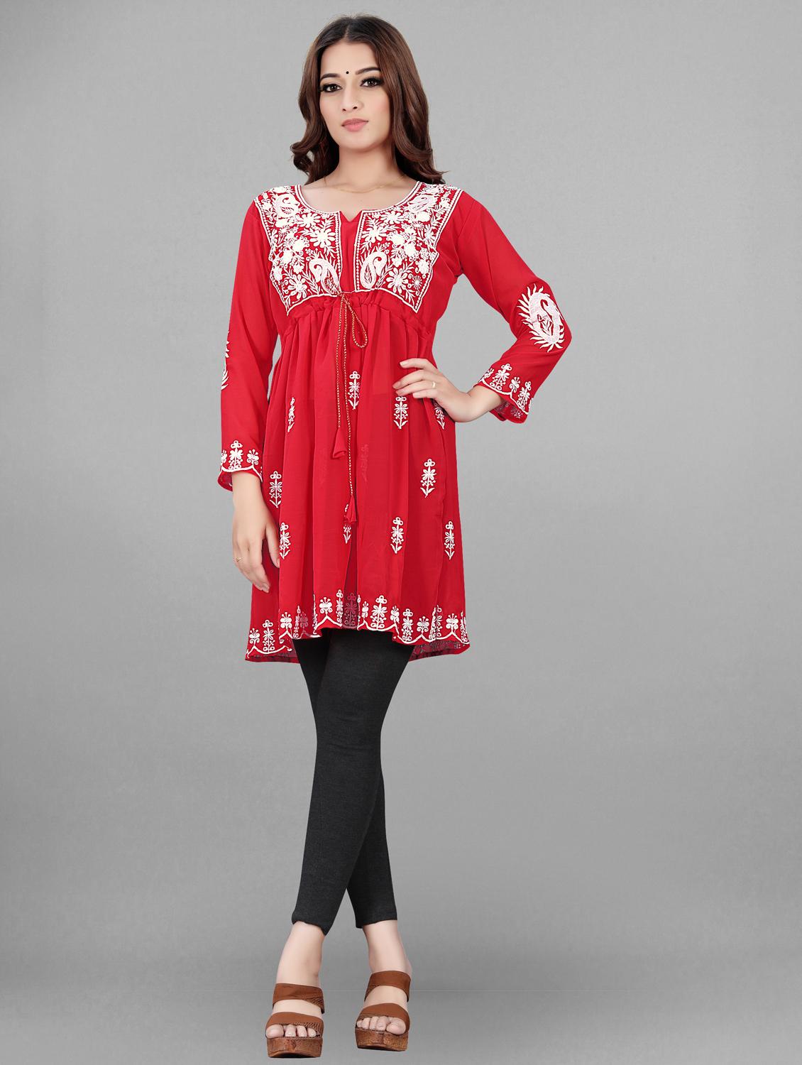 round neck chikankari a-line kurti - 19490518 -  Zoom Image - 0