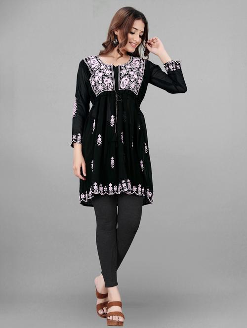 notch neck chikankari a-line kurti - 19490519 -  Standard Image - 0