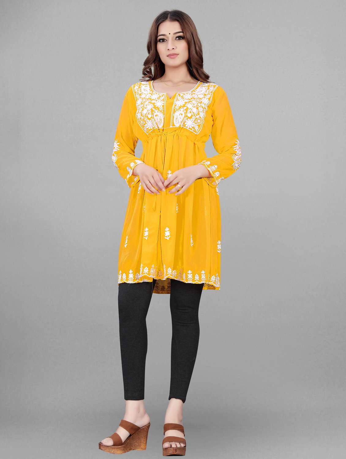 notch neck chikankari a-line kurti - 19490520 - Zoom Image - 0