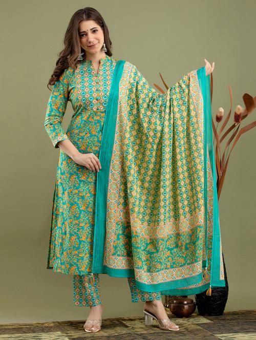 green printed cotton suit set - 19493429 - Standard Image - 0
