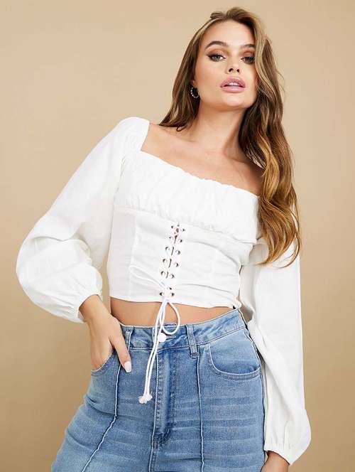 long sleeves square neck smocked detail fitted crop blouse - 19494545 -  Standard Image - 0