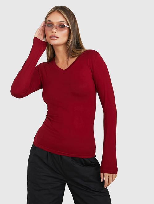 long sleeves v neck cotton lycra fitted t-shirt - 19494712 - Standard Image - 0