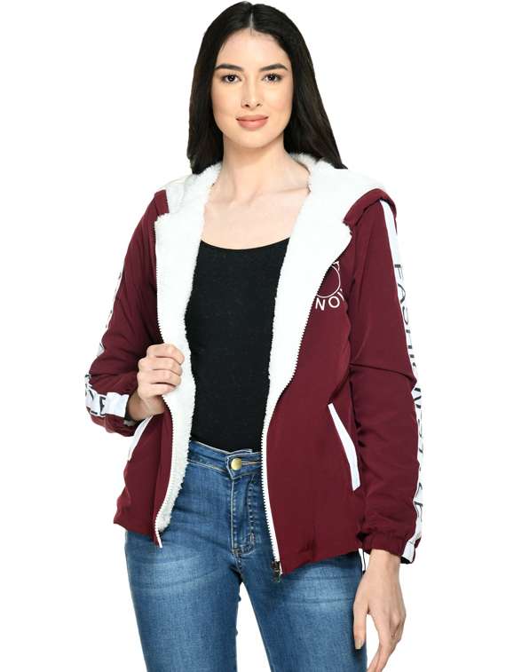women maroon long sleeve hooded jacket