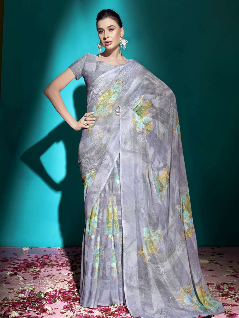women's printed grey colored saree with blouse