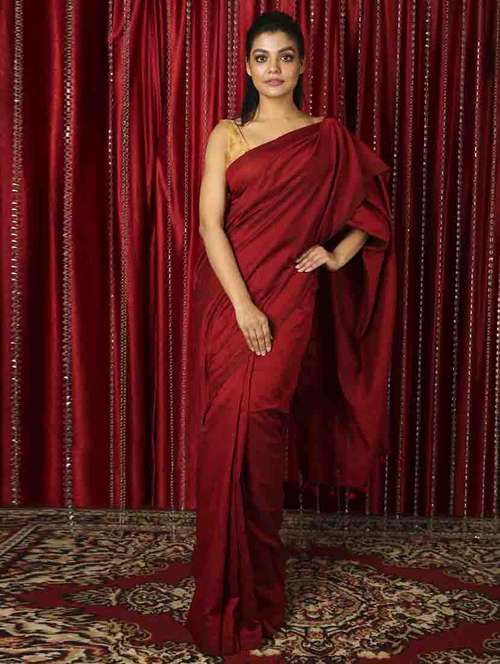 women's solid maroon colored saree with blouse - 19497650 -  Standard Image - 0
