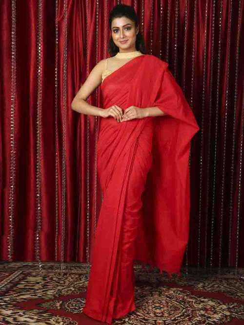 red cotton blend plain saree with blouse - 19497652 -  Standard Image - 0