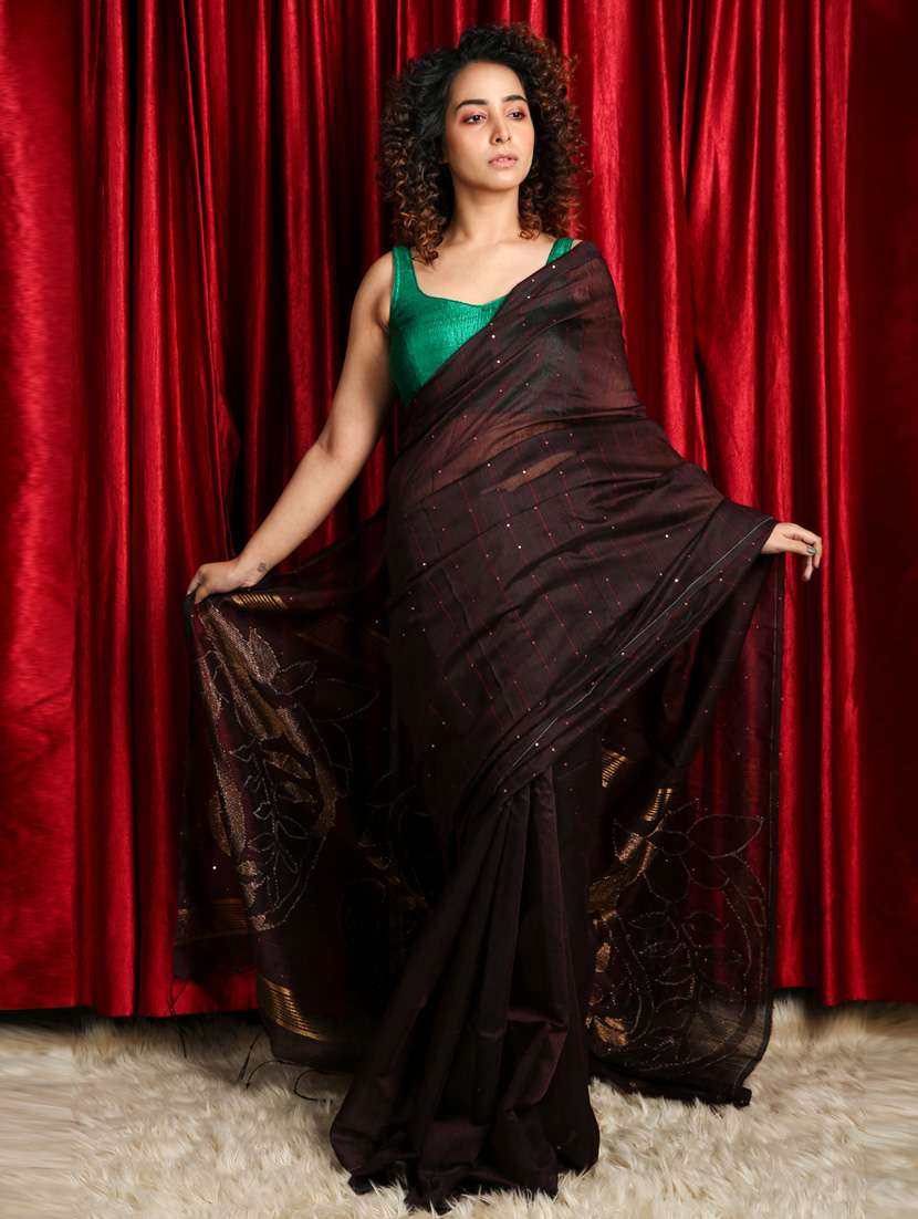 women's solid with work brown colored saree with blouse
