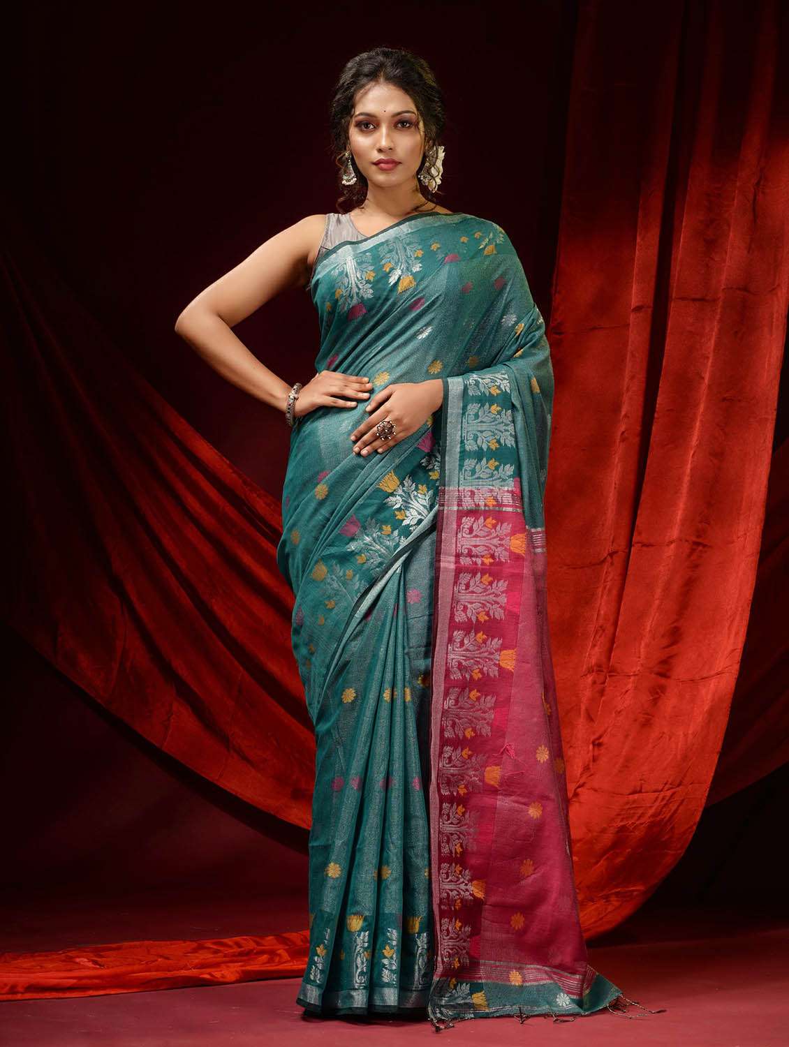 women's self design sea green colored saree with blouse