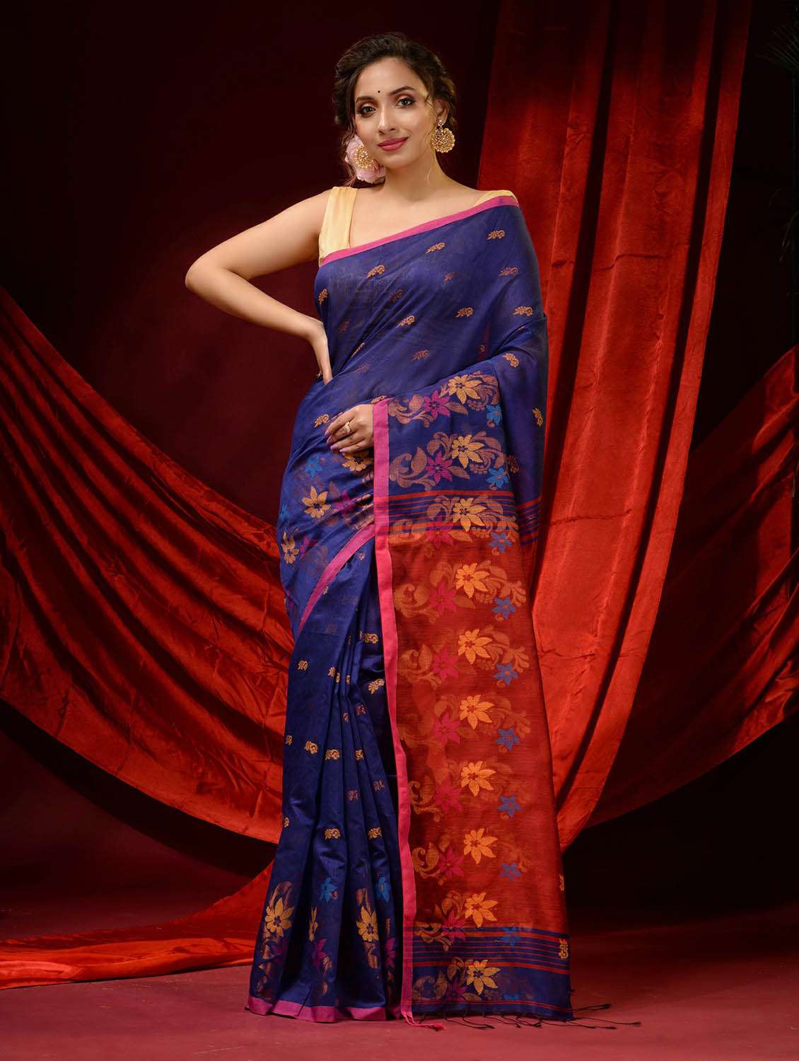 women's self design navy blue colored saree with blouse - 19498156 -  Zoom Image - 0