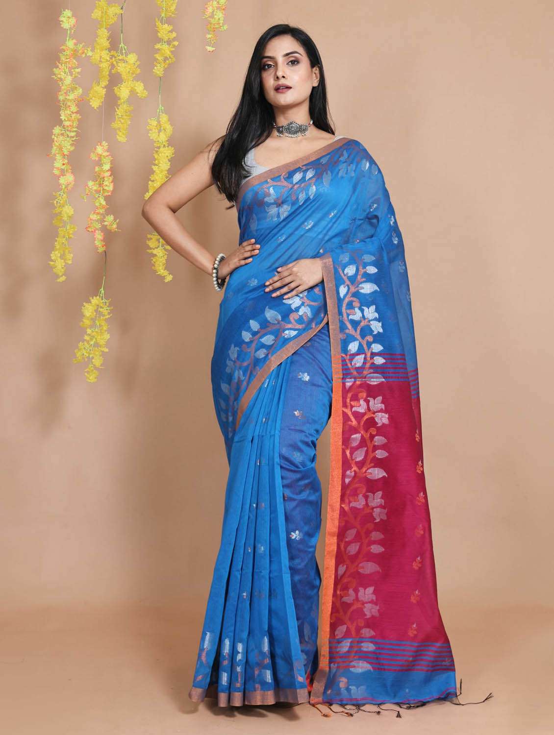 blue self design woven saree with blouse