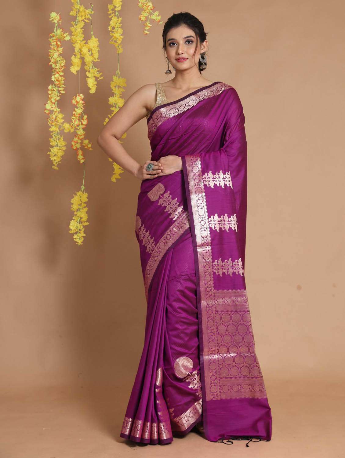 women's self design purple colored saree with blouse