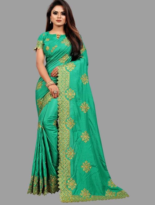 green art silk embroidered saree with blouse - 19498375 -  Standard Image - 0