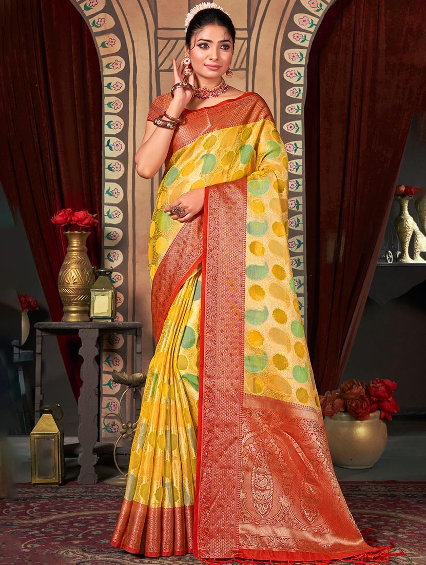 women's self design yellow colored saree with blouse - 19501672 -  Zoom Image - 0