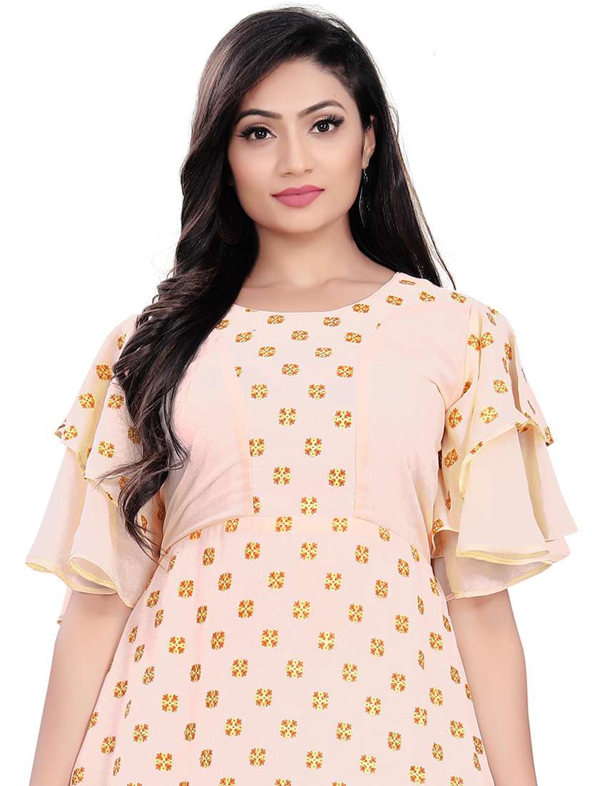 peach round neck printed anarkali kurta - 19514349 -  Standard Image - 3