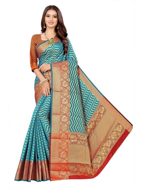 blue cotton silk striped banarasi saree with blouse - 19514862 -  Standard Image - 0
