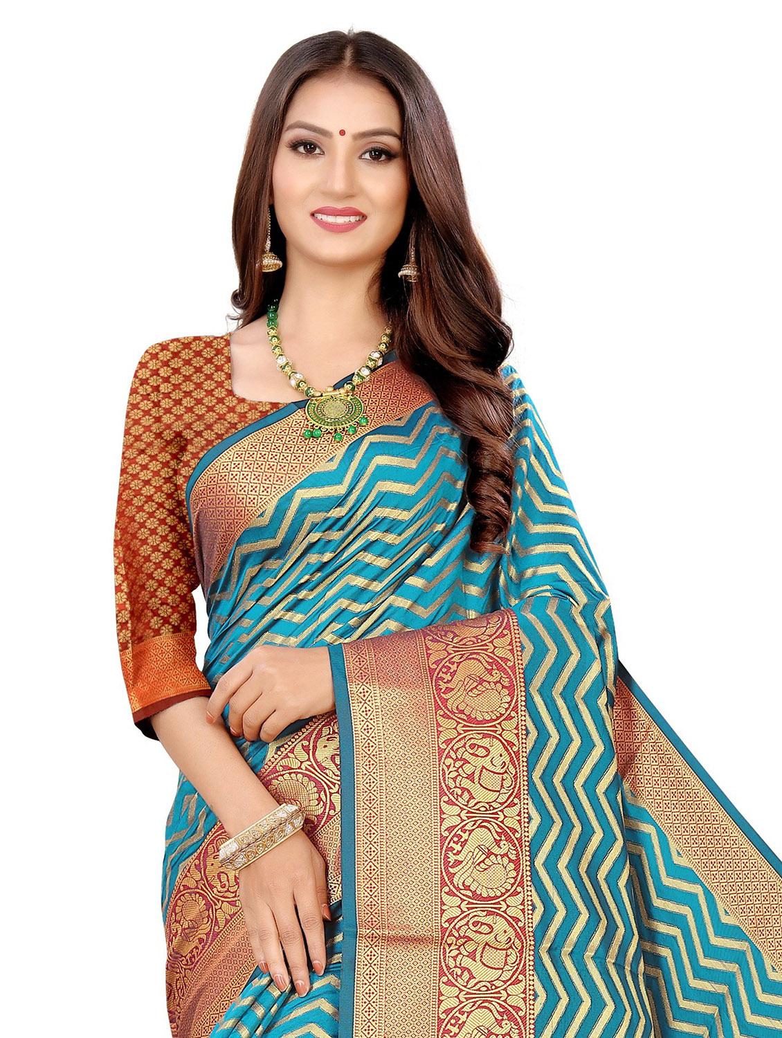 blue cotton silk striped banarasi saree with blouse - 19514862 - Standard Image - 3