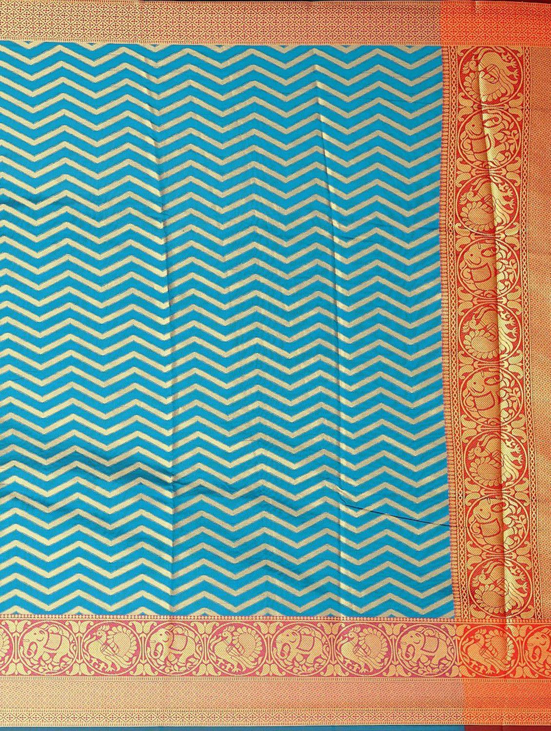 blue cotton silk striped banarasi saree with blouse - 19514862 - Standard Image - 5