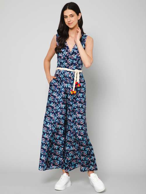 v-neck floral print full leg jumpsuit - 19522256 - Standard Image - 0