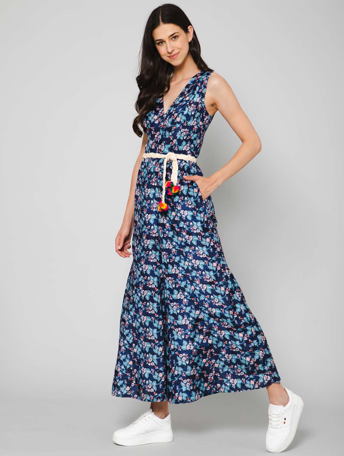 v-neck floral print full leg jumpsuit - 19522256 - Standard Image - 3