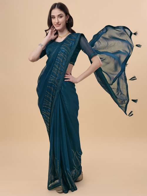 teal self design saree with blouse - 19522565 - Standard Image - 0
