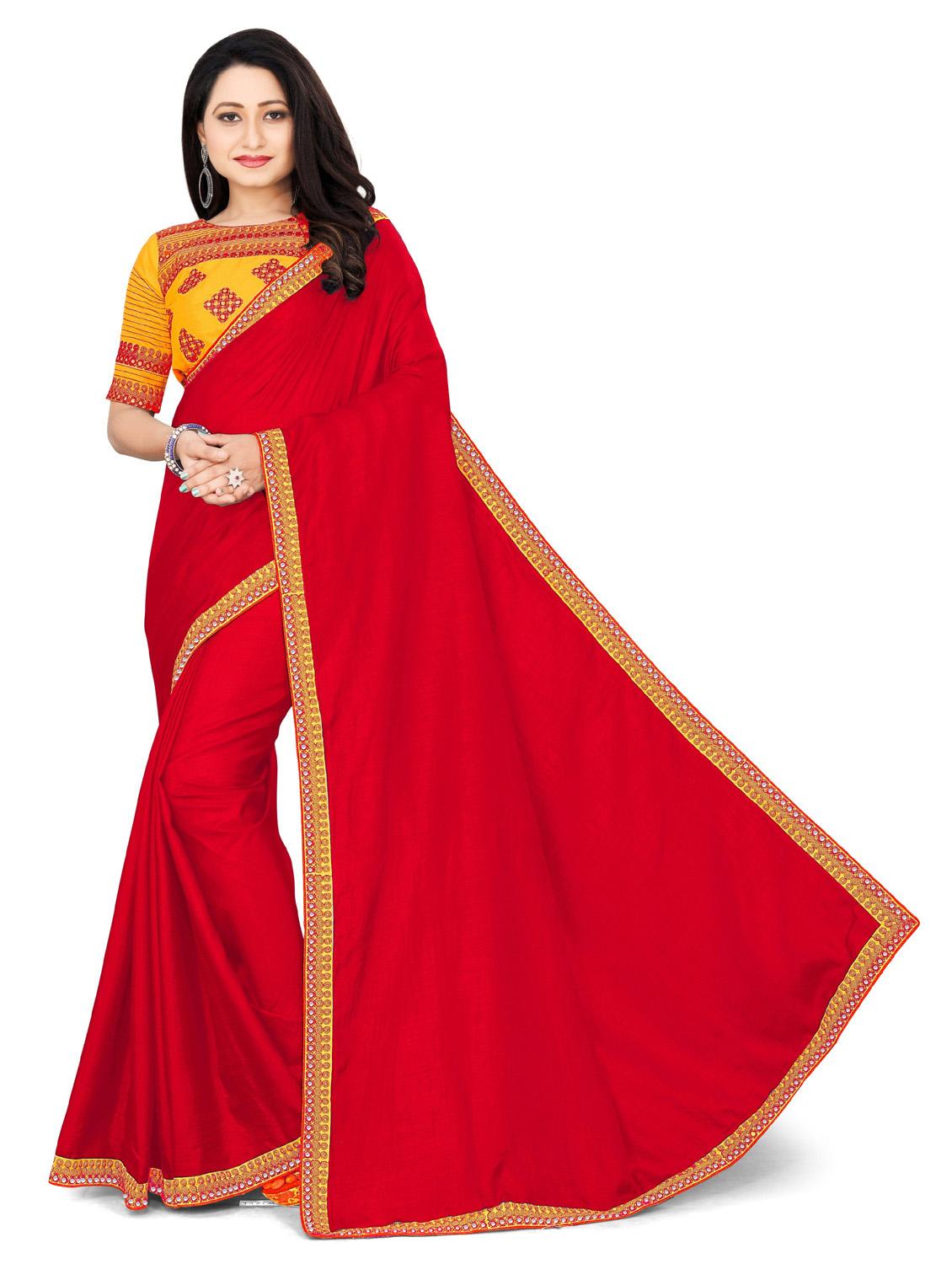 women's self design red colored saree with blouse
