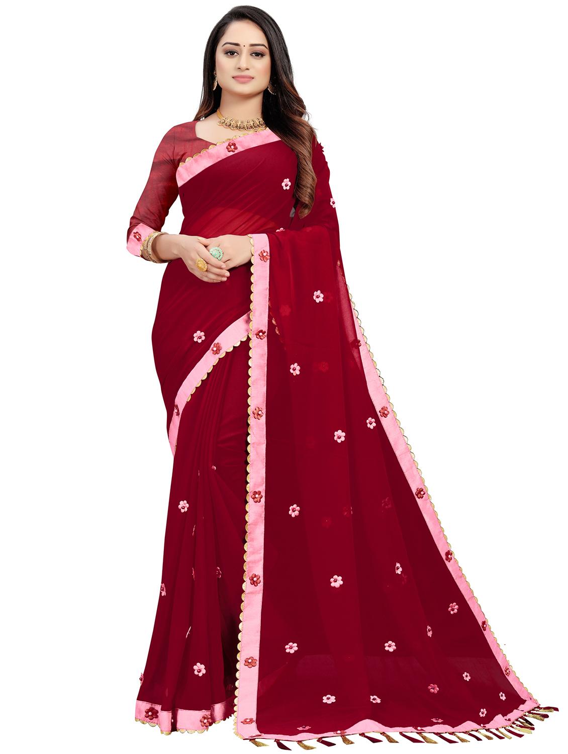 maroon self design bordered saree with blouse - 19554975 - Zoom Image - 0