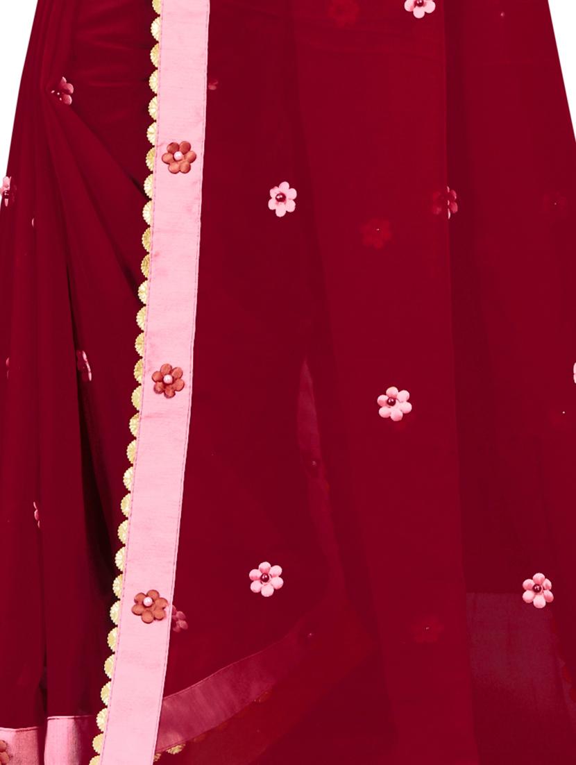 maroon self design bordered saree with blouse - 19554975 - Standard Image - 3