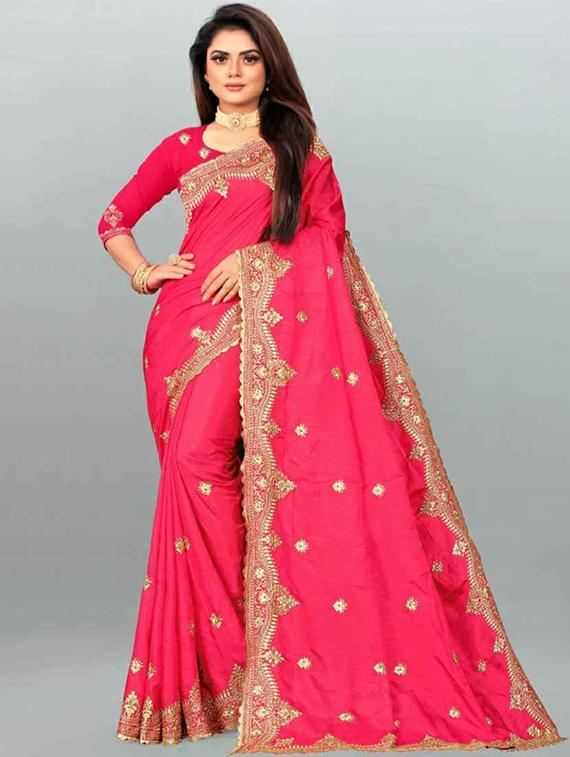 pink self design embroidered saree with blouse - 19554983 - Zoom Image - 0