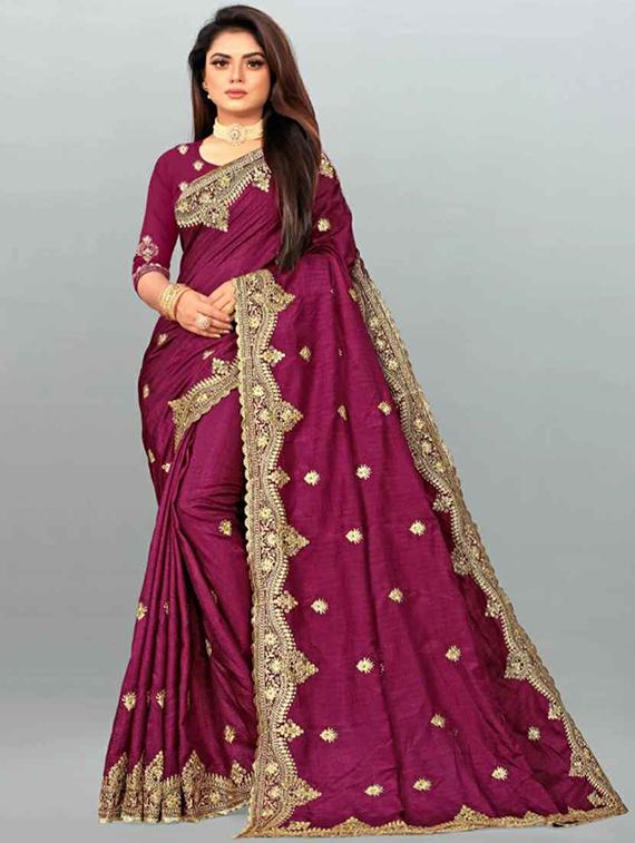 purple self design embroidered saree with blouse - 19554984 - Zoom Image - 0