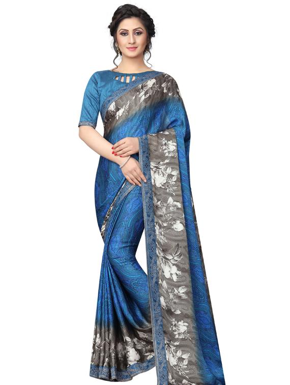 blue printed saree with blouse - 19555289 -  Zoom Image - 0
