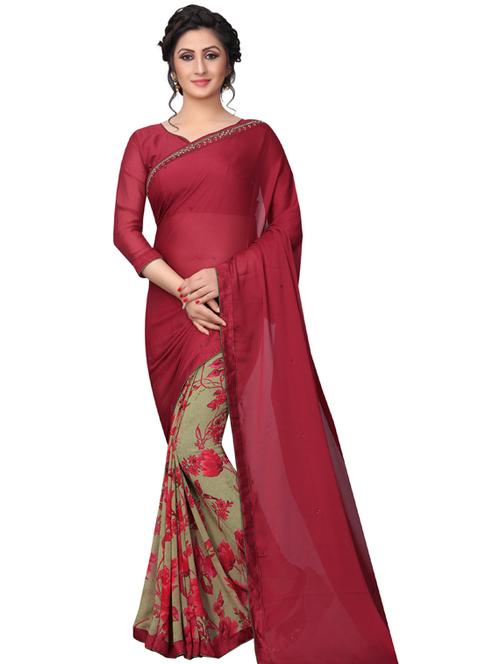 maroon printed saree with blouse - 19555299 -  Standard Image - 0