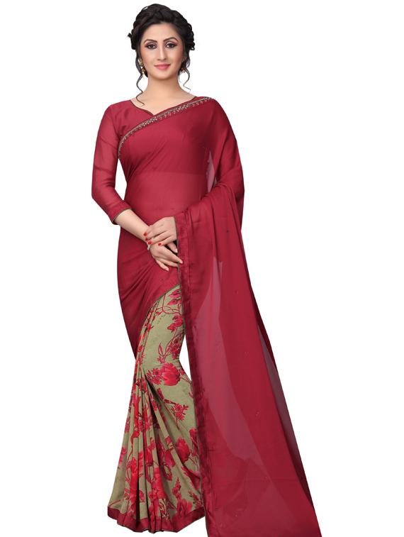 maroon printed saree with blouse - 19555299 -  Zoom Image - 0