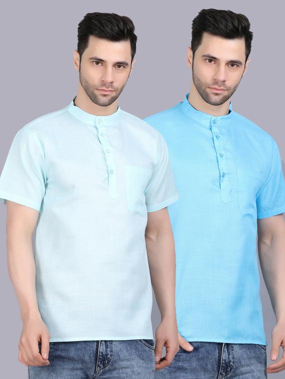 light blue cotton blend short kurta - 19564549 - Zoom Image - 0