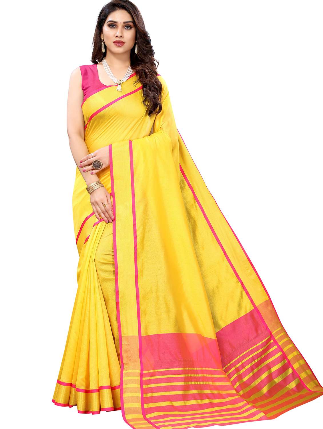 yellow coloured self design woven saree with blouse - 19567345 -  Zoom Image - 0