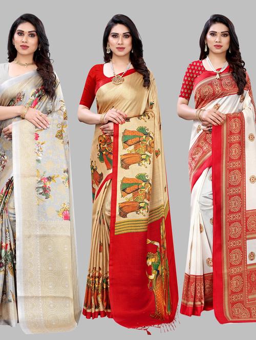 pack of 3 printed sarees with blouse - 19567649 -  Standard Image - 0