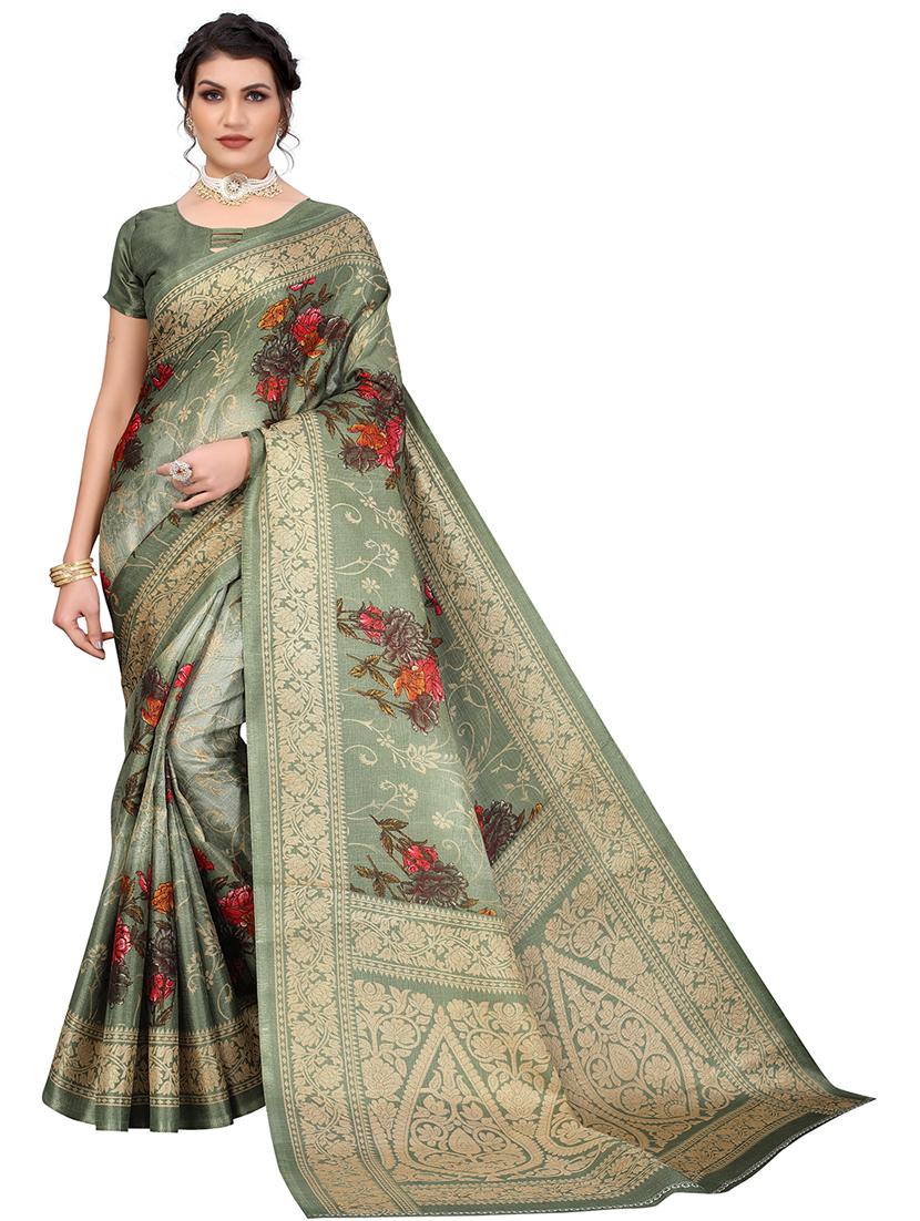 floral print woven saree with blouse - 19568117 -  Zoom Image - 0