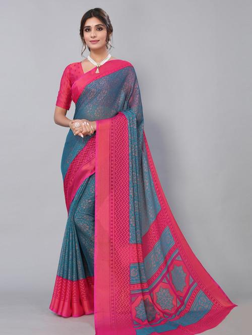 blue printed saree with blouse - 19568400 - Standard Image - 0