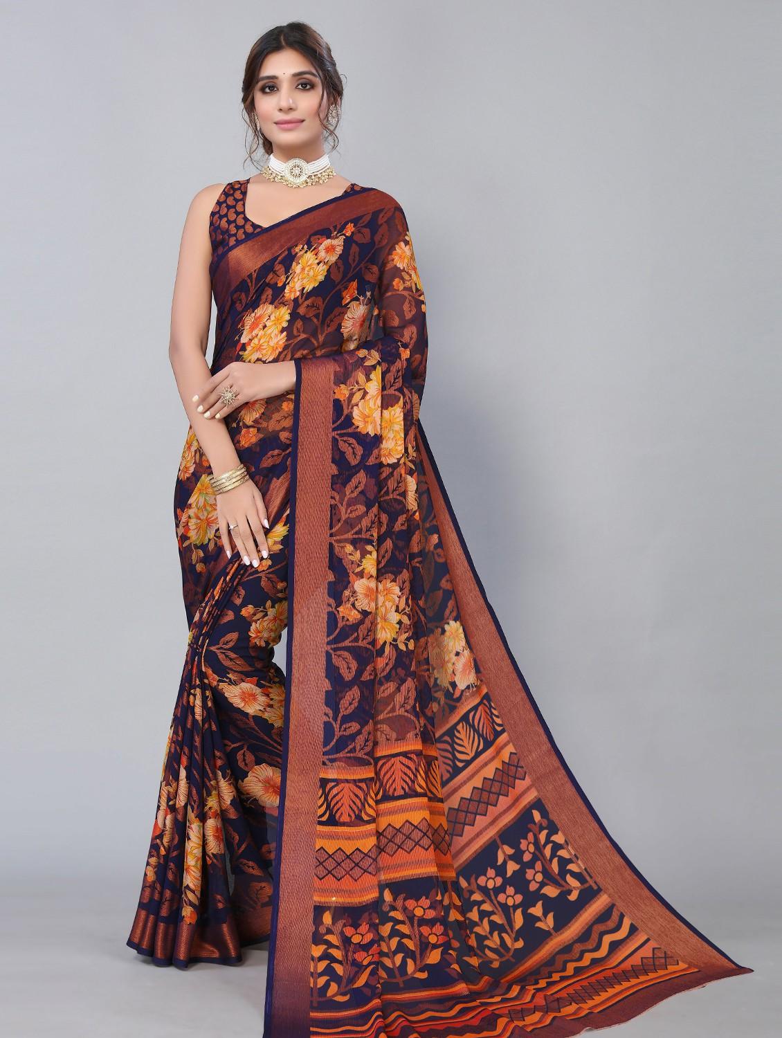 dark blue printed saree with blouse - 19568422 - Zoom Image - 0